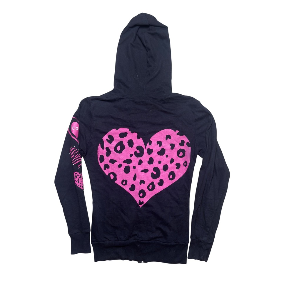 Wild Punch Black Pink Heart Love Graphic Rhinestone Zip Up Hoodie